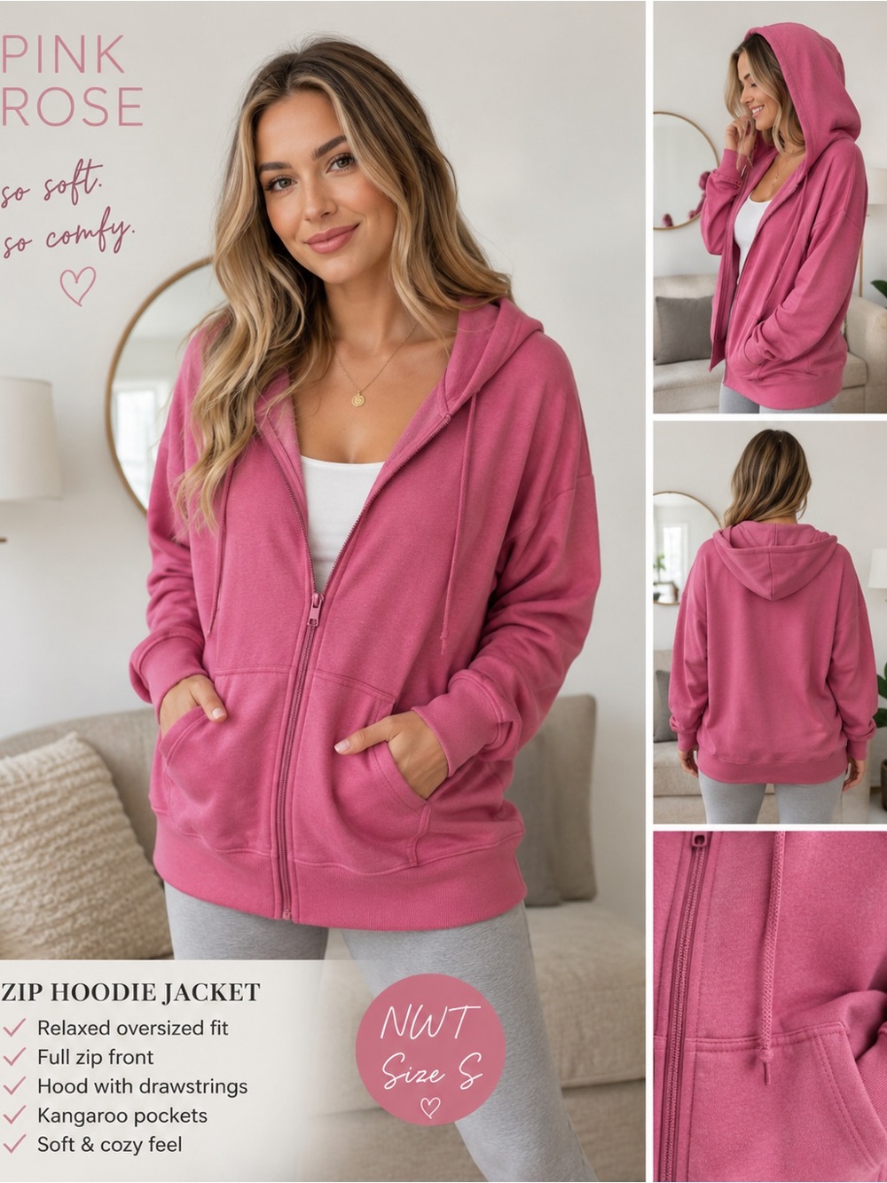 Pink Rose Zip Hoodie Jacket – NWT – Size Small - A5